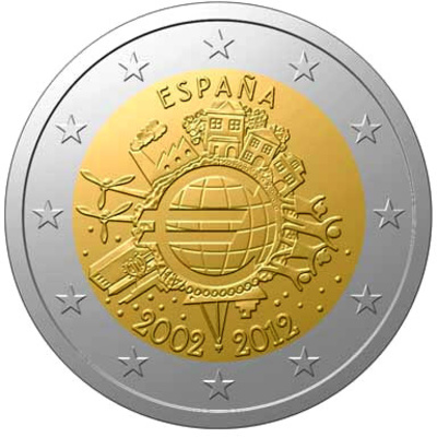 Hispaania 2 Euro 2012a.10 aastat Euroraha (UNC) 