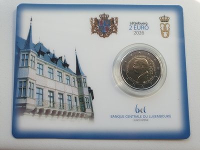 Luksemburg 2 euro 2026 Groussherzog Guillaume BU coincard (Royal Dutch Mint mintmark)